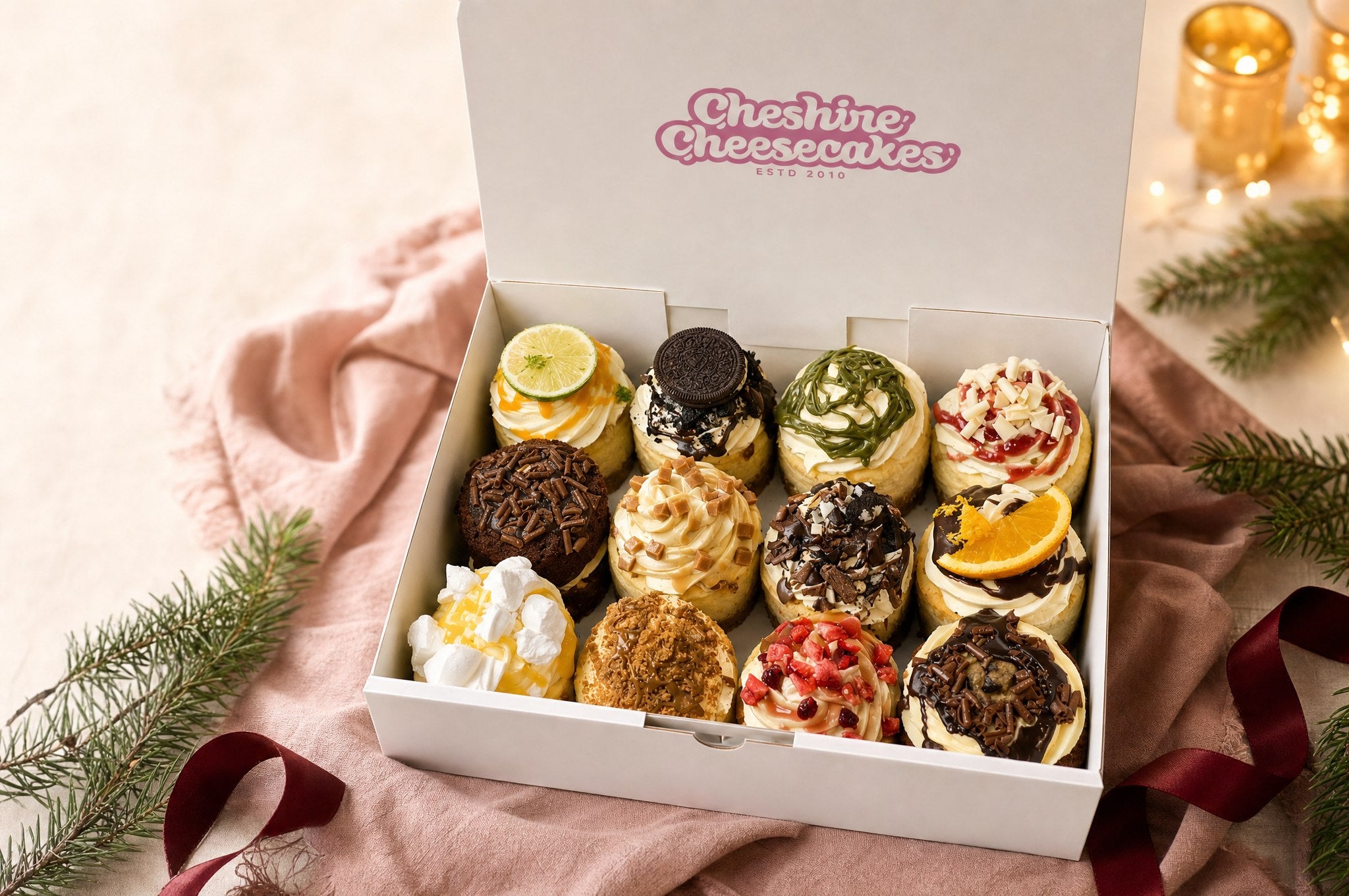 An assortment of individual cheesecakes in a white Cheshire Cheesecakes box on a festive table