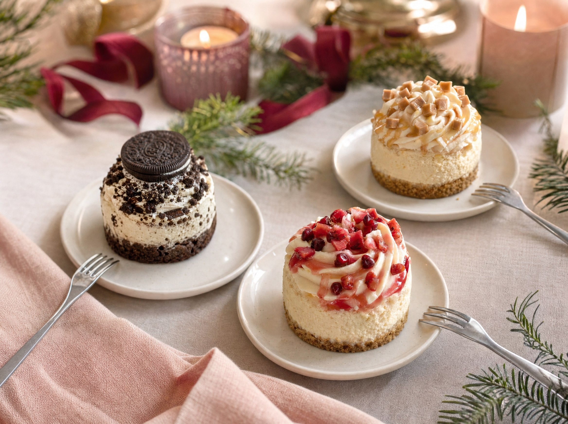 Three individual cheesecakes on white plates on a festive table with candles and pine sprigs