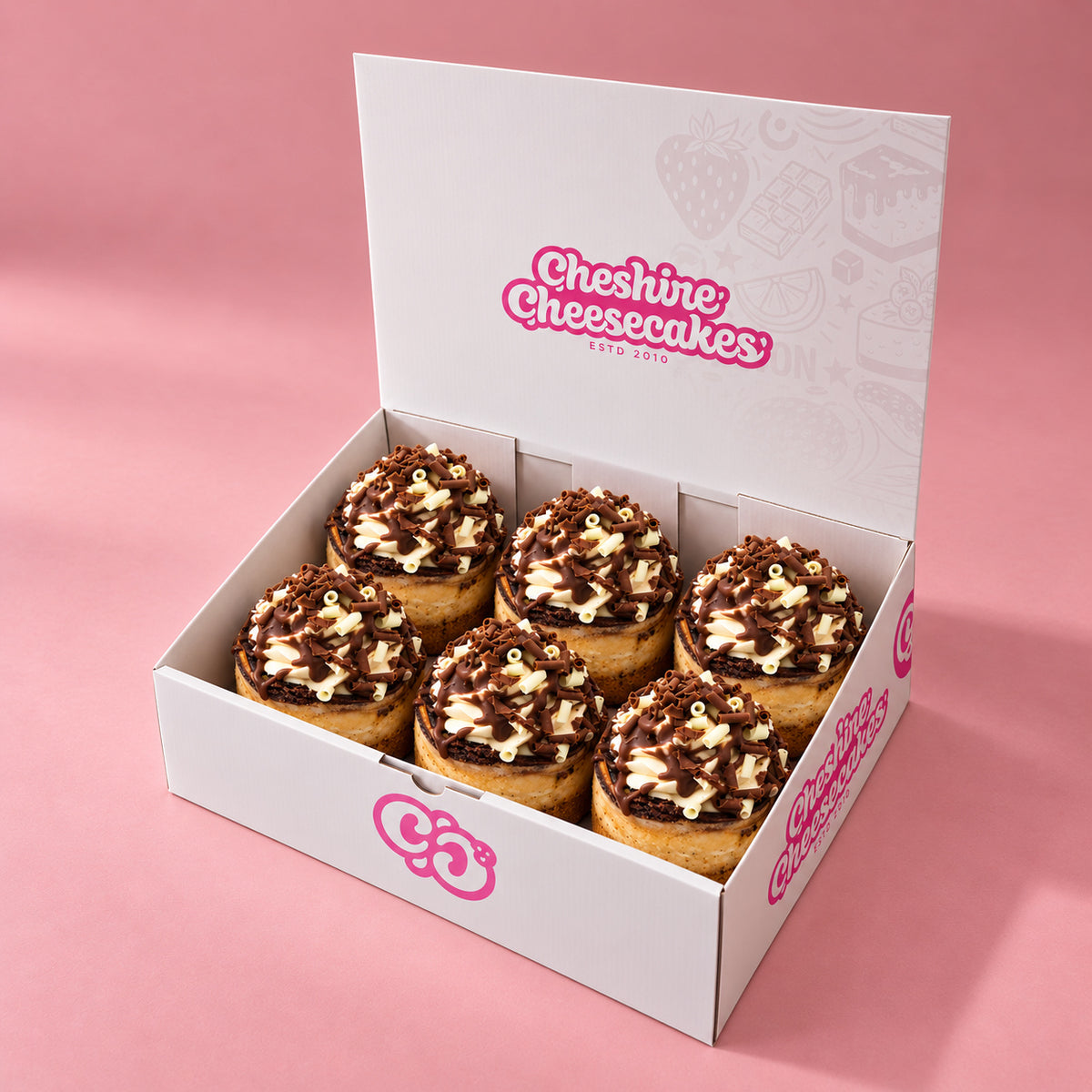 Double Chocolate Baked Cheesecake Box — box of 6 in blush studio, approved photographic hero
