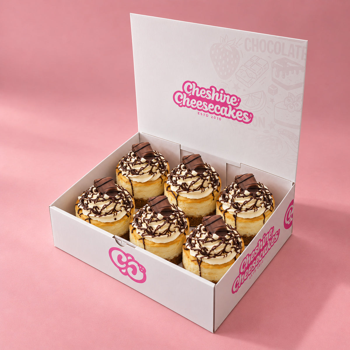 Kinder Bueno Baked Cheesecake Box — box of 6 in blush studio, approved photographic hero
