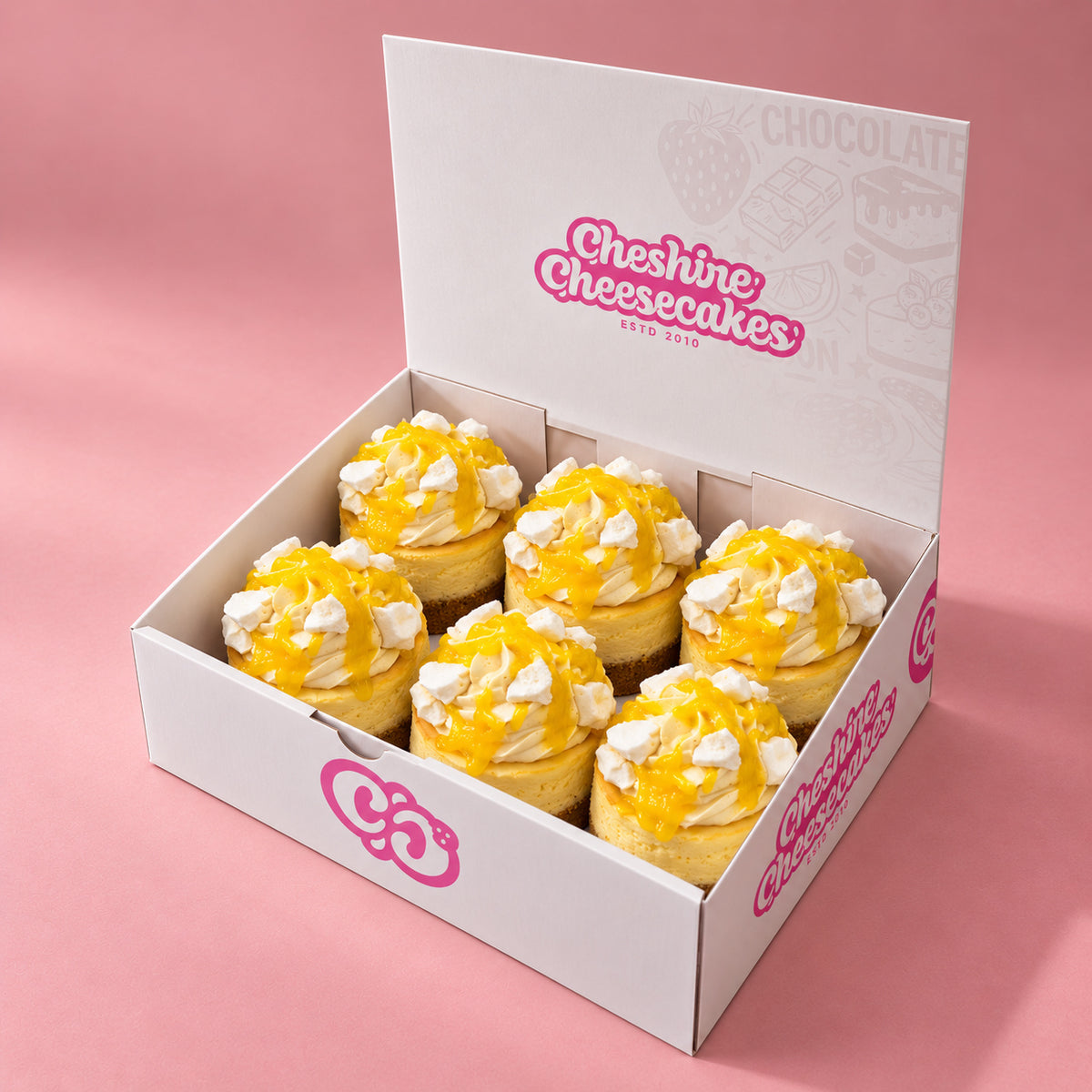 Lemon Meringue Baked Cheesecake Box — box of 6 in blush studio, approved photographic hero