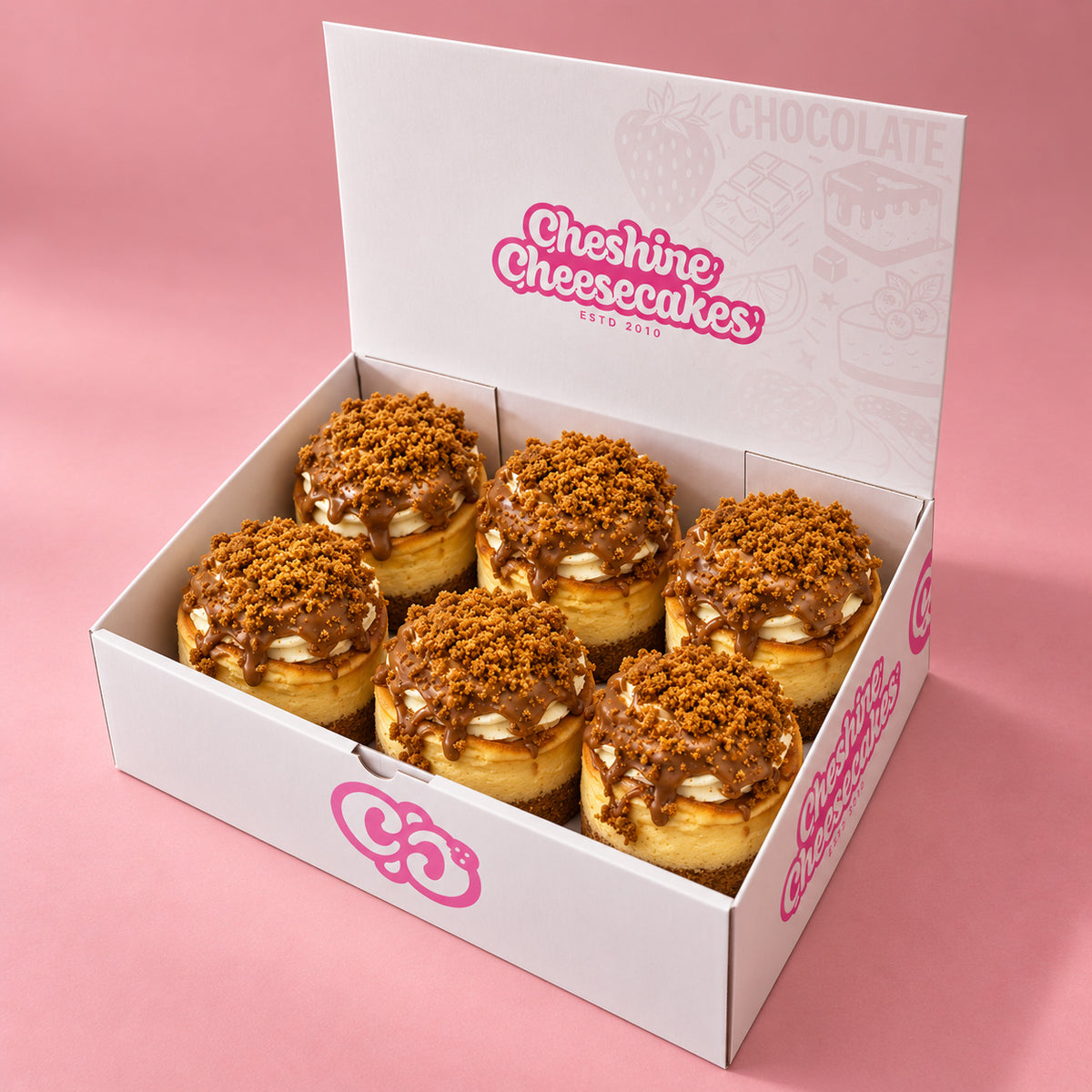 Lotus Biscoff Baked Cheesecake Box — box of 6 in blush studio, approved photographic hero