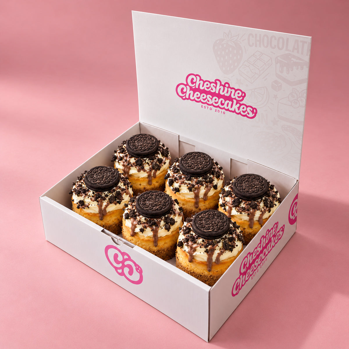 Oreo Baked Cheesecake Box — box of 6 in blush studio, approved photographic hero