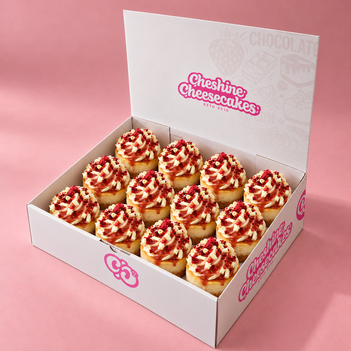 Raspberry & White Chocolate Baked Cheesecake Box: box of 12