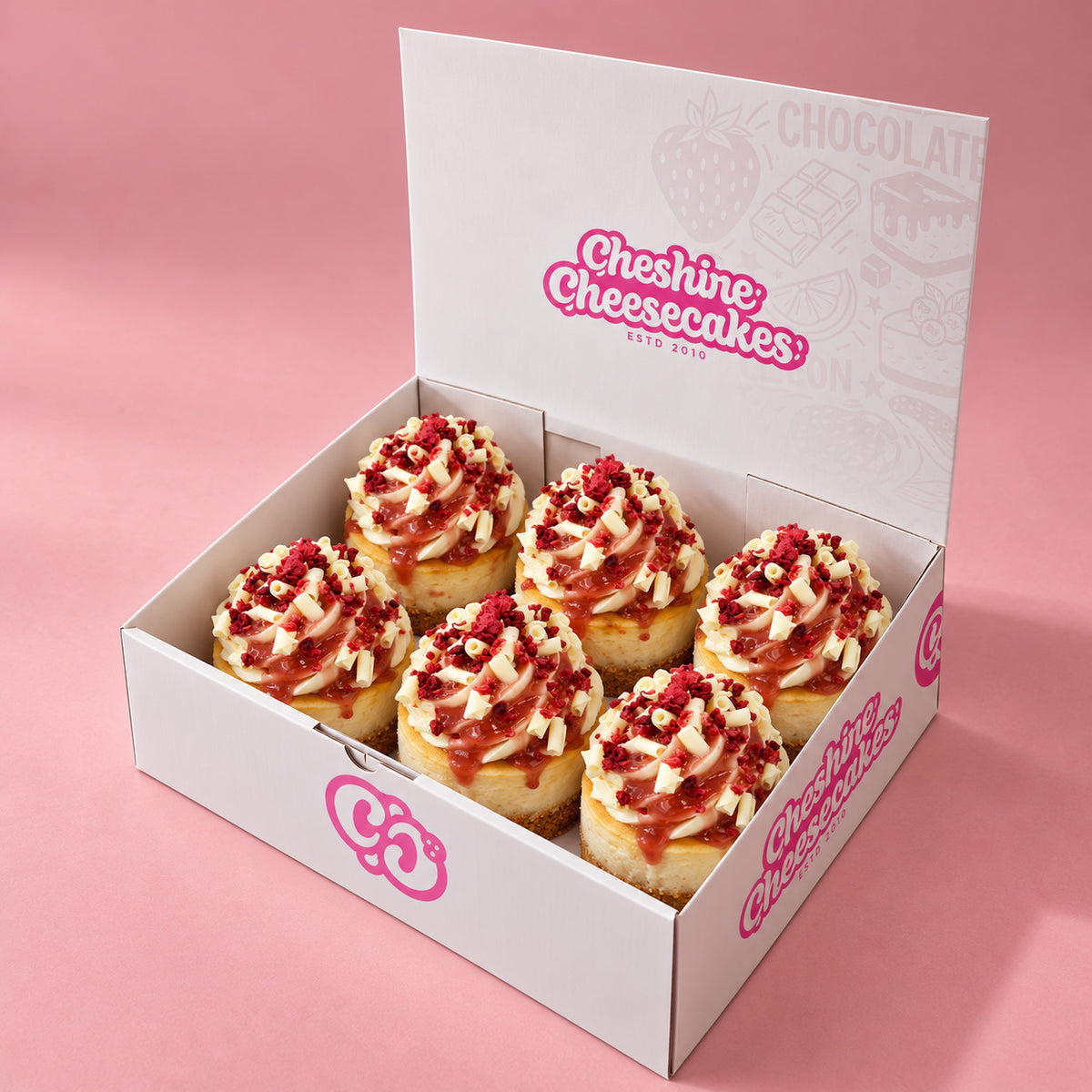 Raspberry & White Chocolate Baked Cheesecake Box — box of 6 in blush studio, approved photographic hero