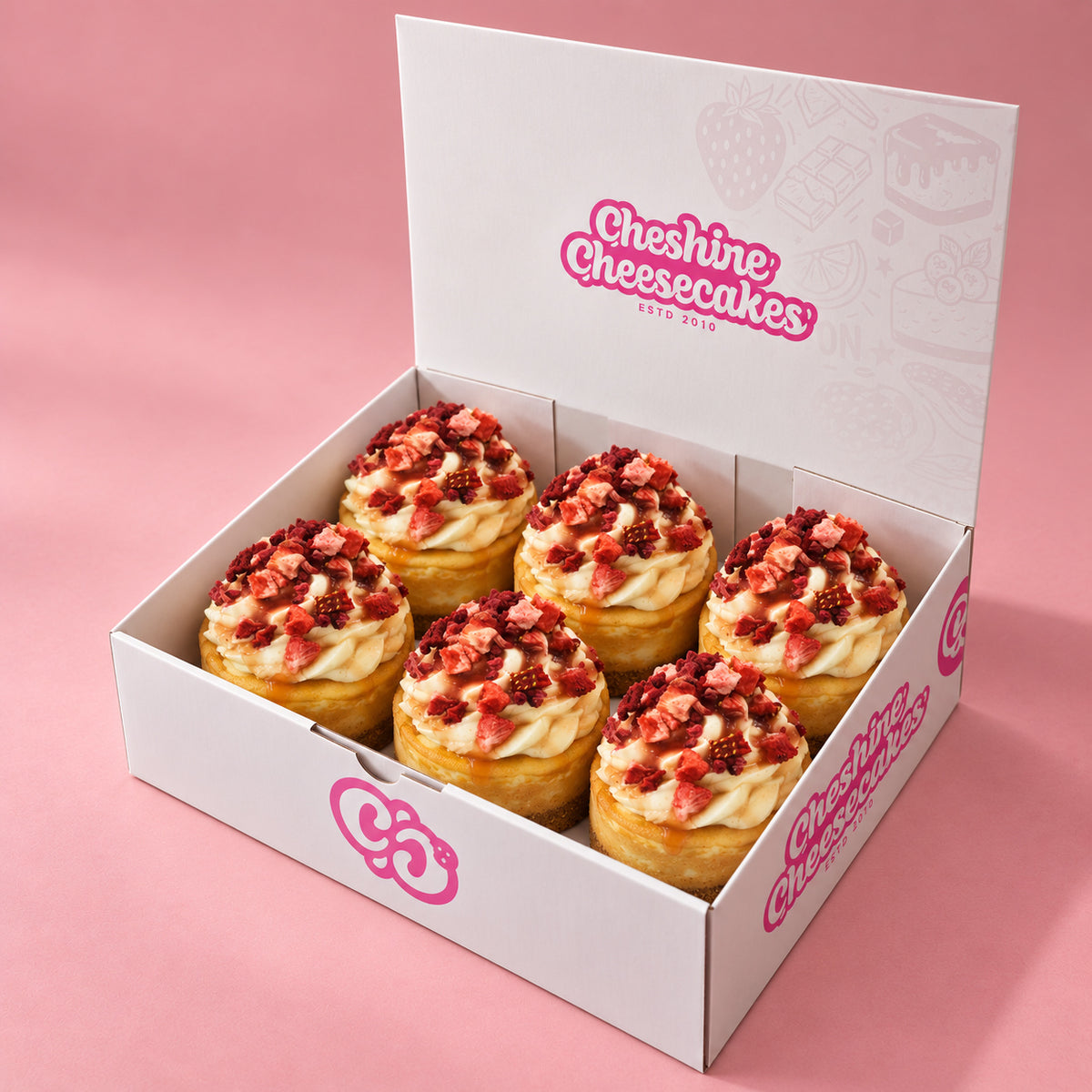 Strawberry Baked Cheesecake Box — box of 6 in blush studio, approved photographic hero