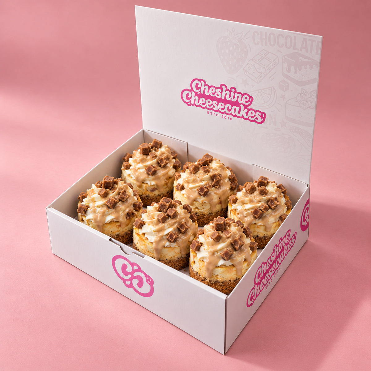 Toffee Fudge Baked Cheesecake Box — box of 6 in blush studio, approved photographic hero