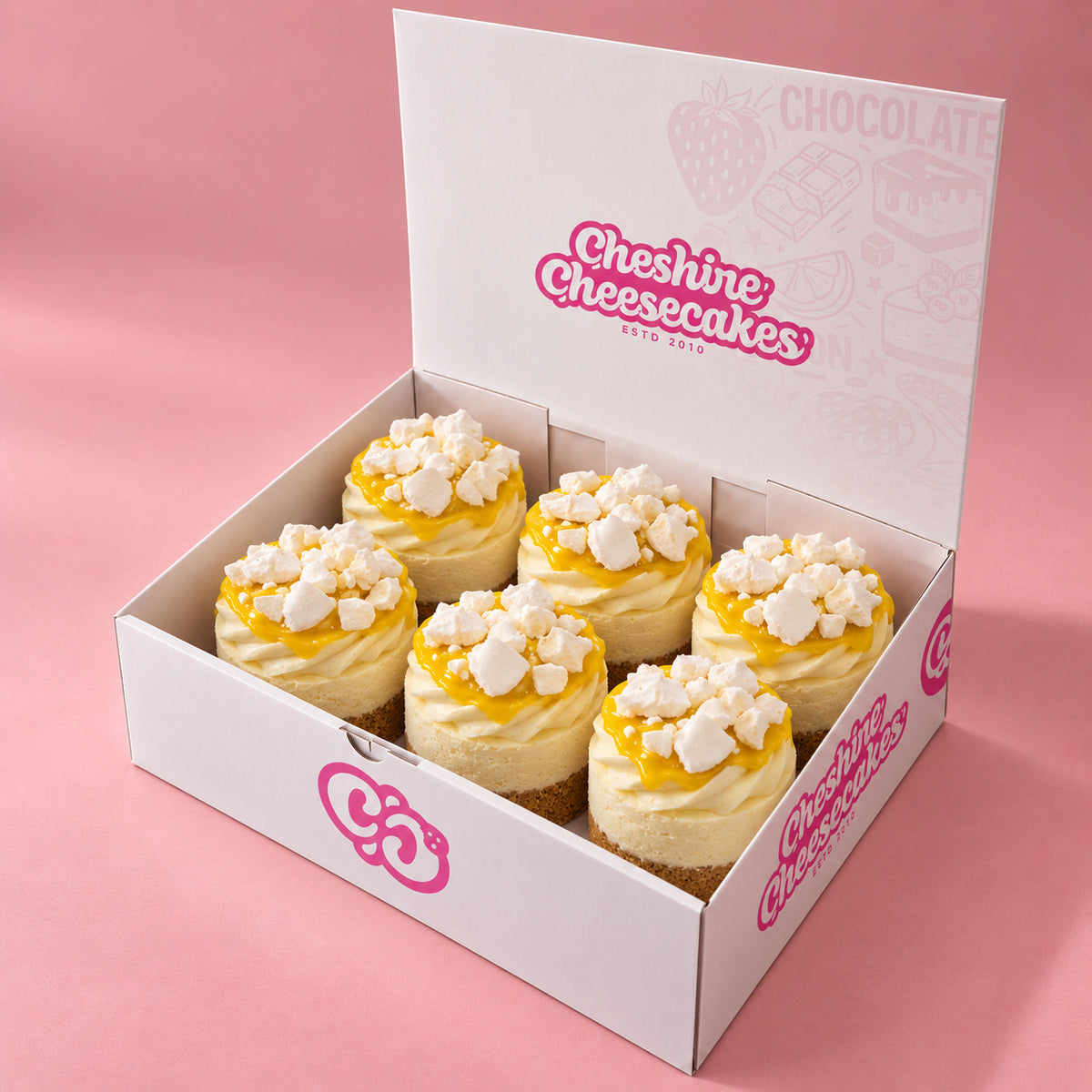 Lemon Meringue Chilled Cheesecake Box — box of 6 in blush studio, approved photographic hero
