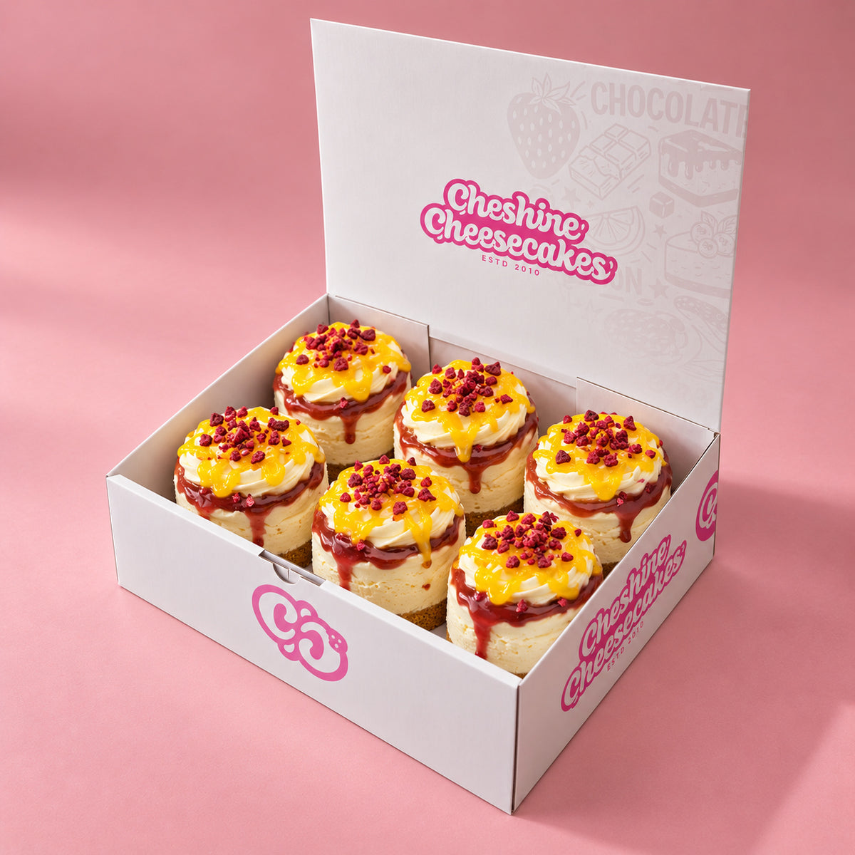 Lemon & Raspberry Chilled Cheesecake Box — box of 6 in blush studio, approved photographic hero