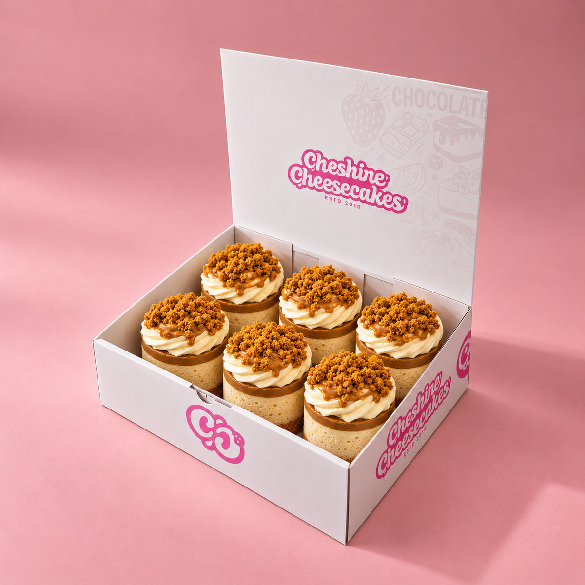 Lotus Biscoff Chilled Cheesecake Box — box of 6 in blush studio, approved photographic hero
