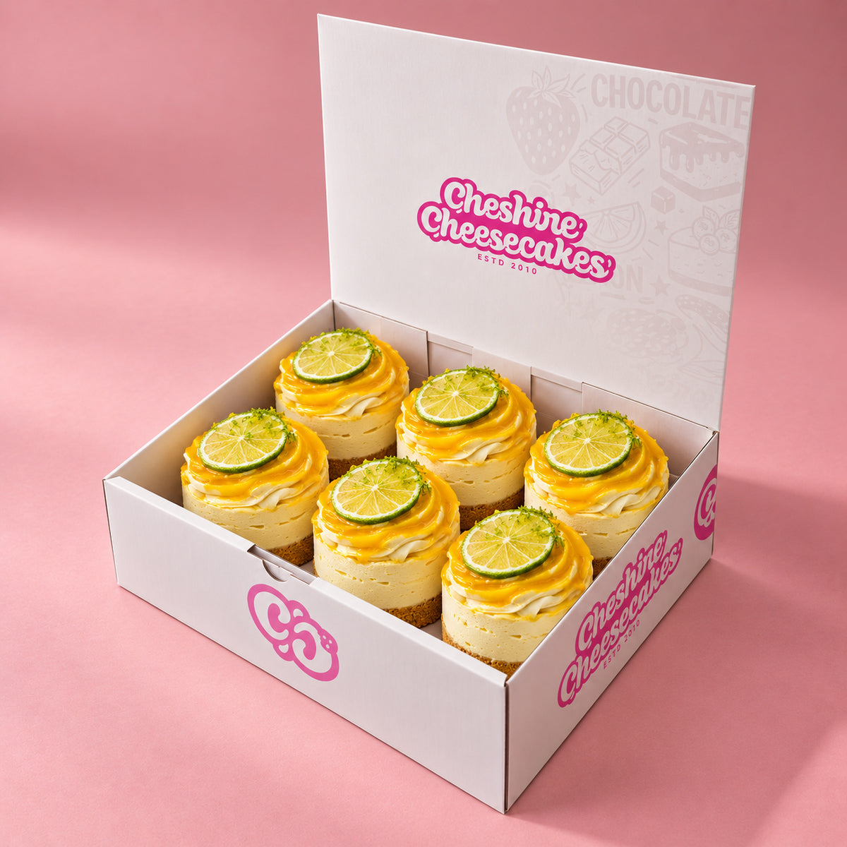 Mango & Lime Chilled Cheesecake Box — box of 6 in blush studio, approved photographic hero
