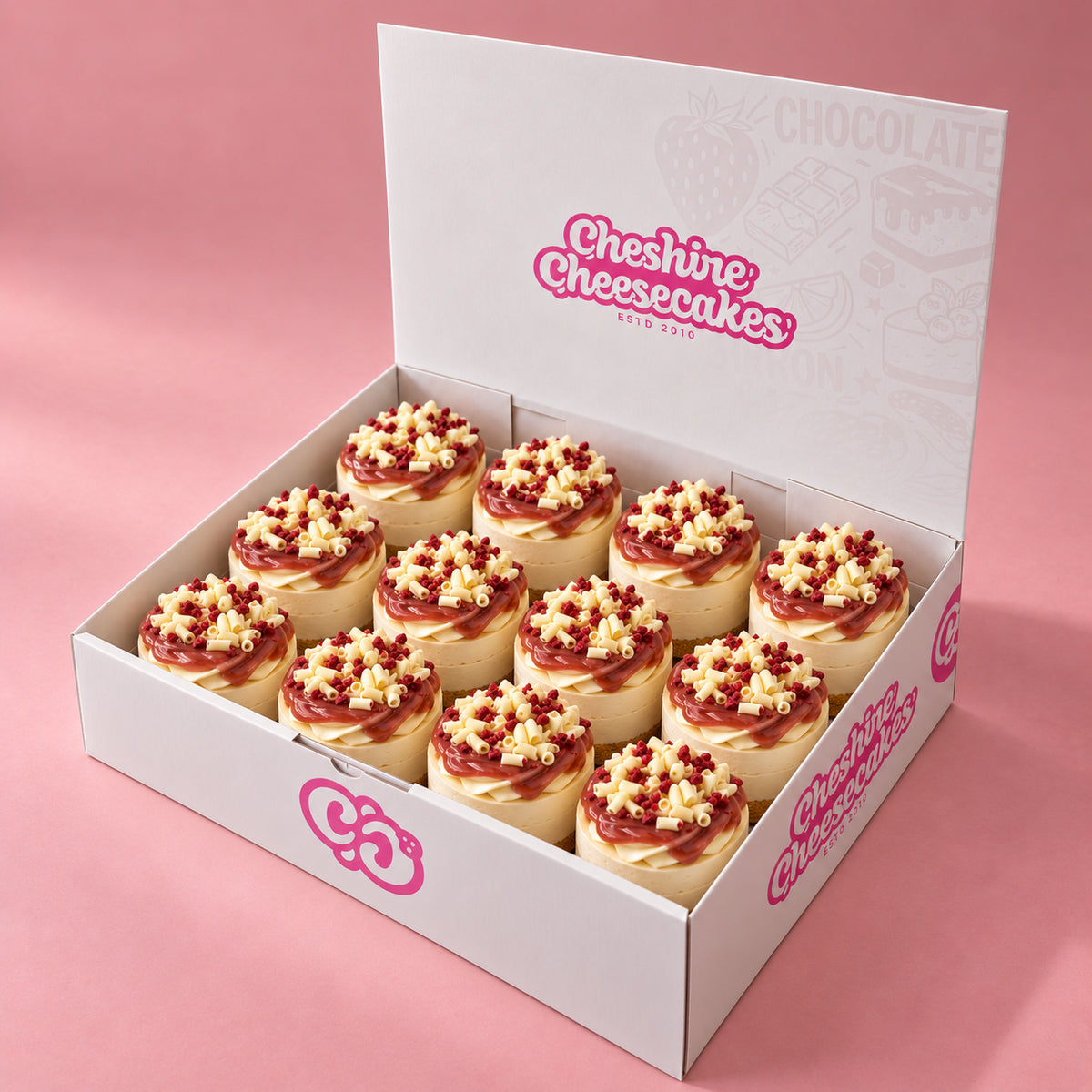 Raspberry & White Chocolate Chilled Cheesecake Box: box of 12