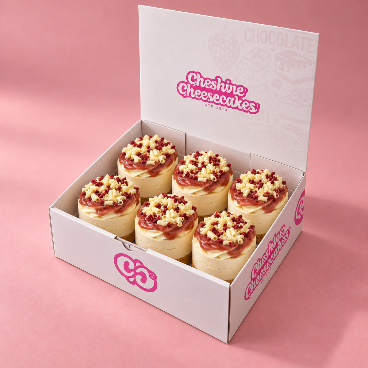 Raspberry & White Chocolate Chilled Cheesecake Box — box of 6 in blush studio, approved photographic hero