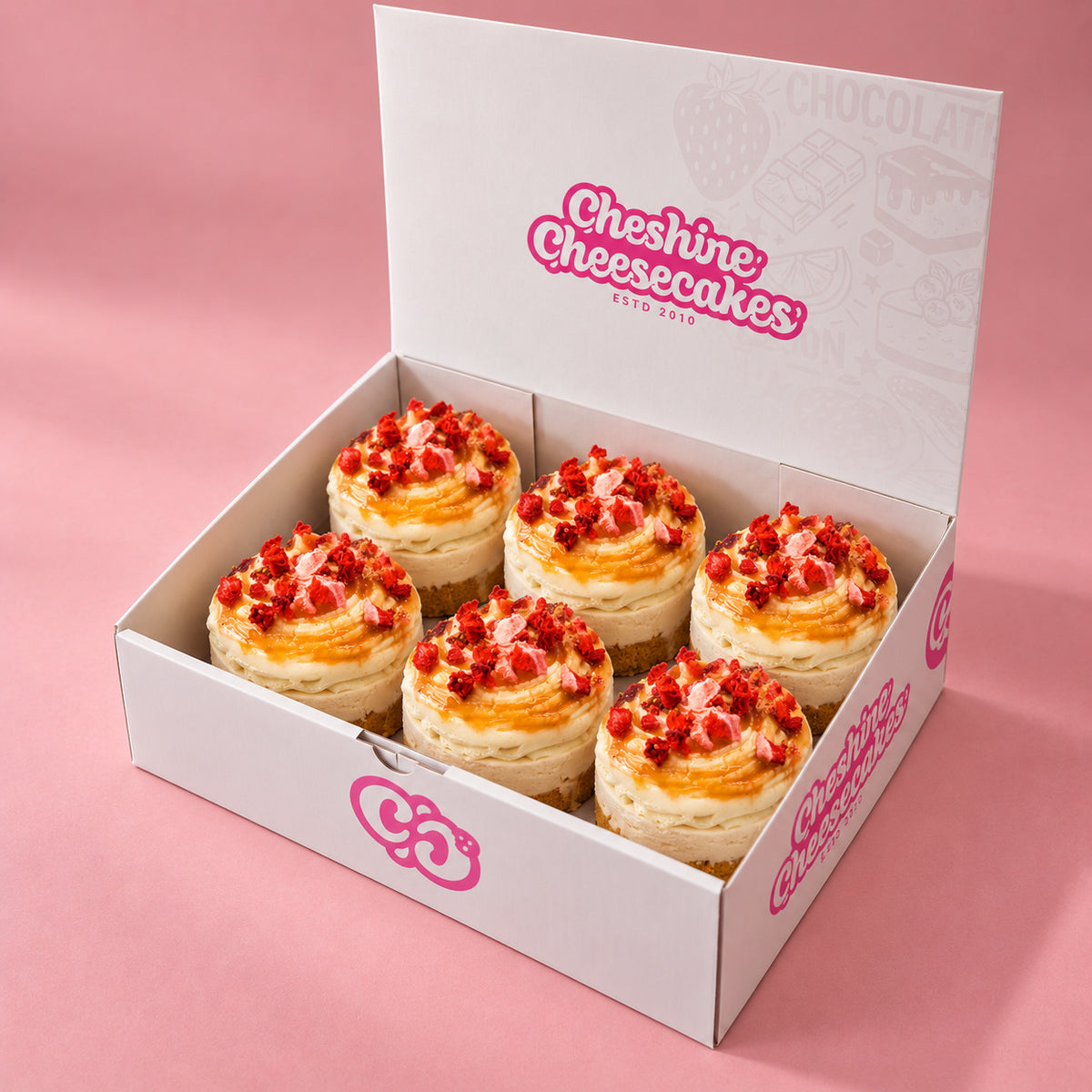Strawberry Chilled Cheesecake Box — box of 6 in blush studio, approved photographic hero