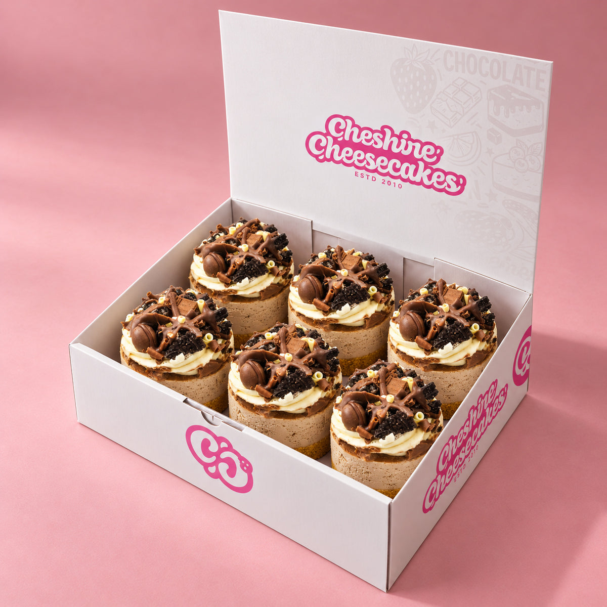 Ultimate Chocolate Chilled Cheesecake Box — box of 6 in blush studio, approved photographic hero