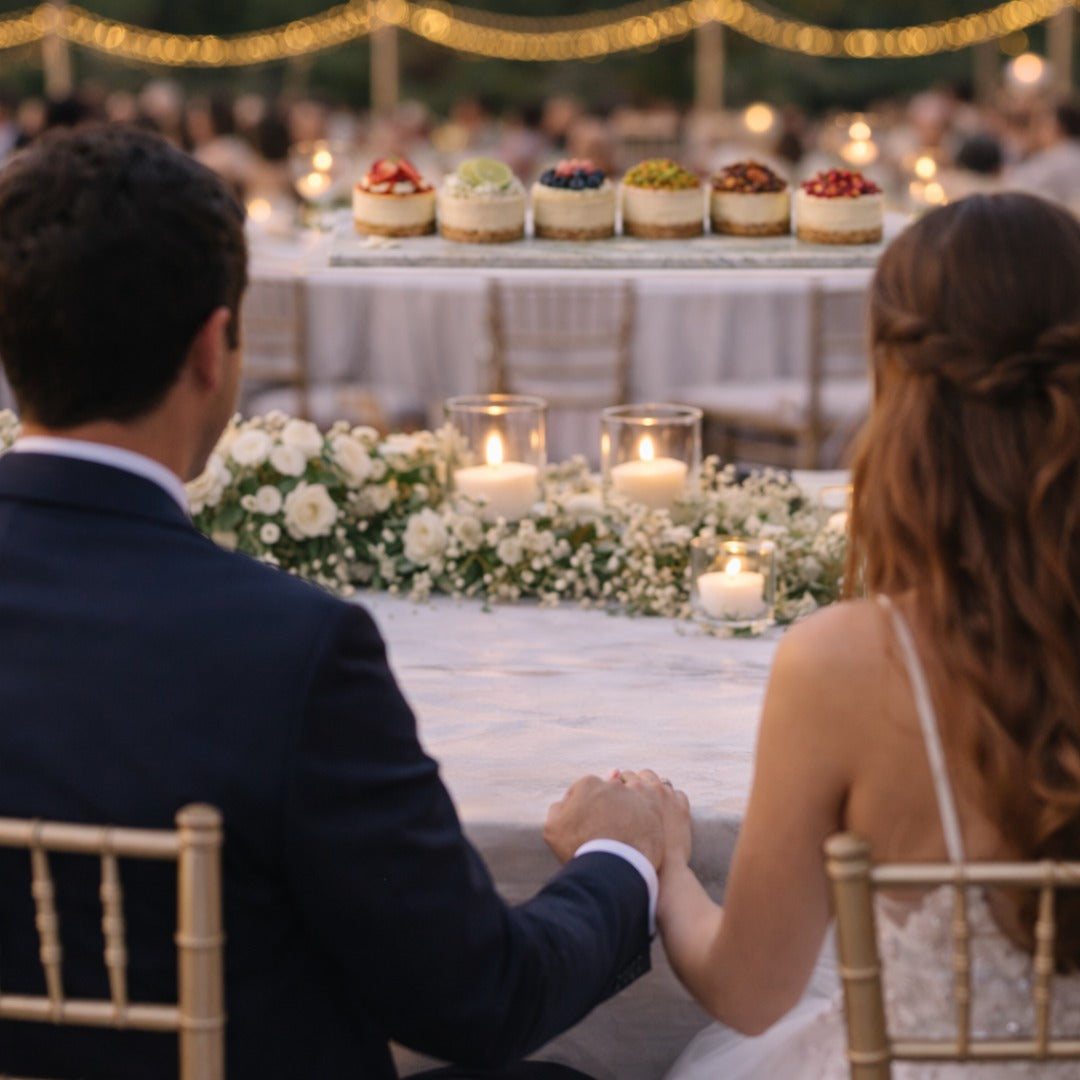 Couple at wedding eating cheesecake