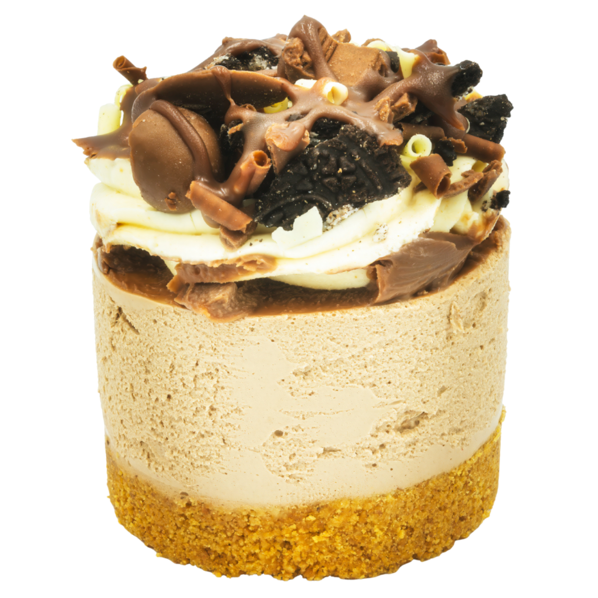 Small cheesecake with chocolate and cookie crumb topping on a white background