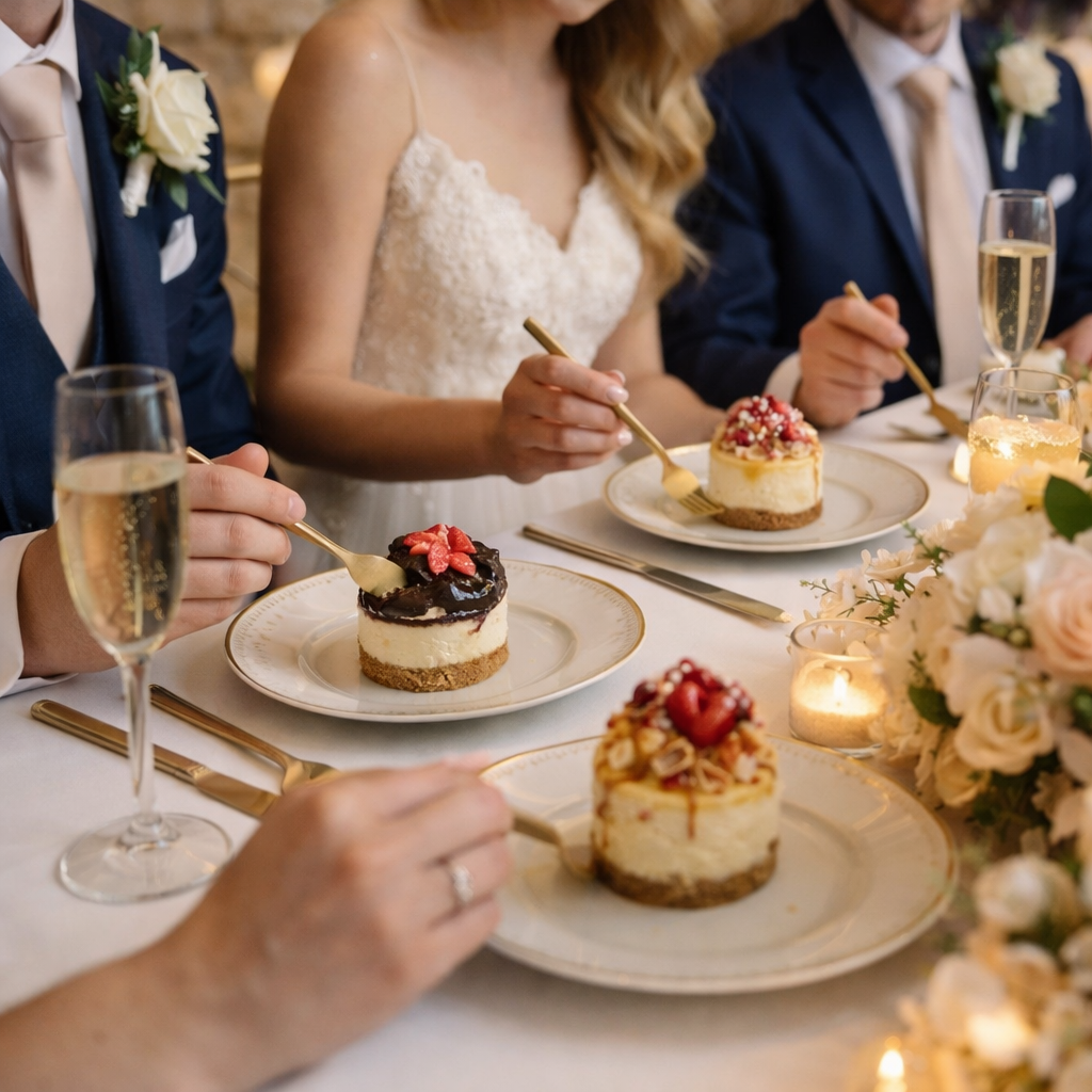 Wedding guests enjoying cheesecakes