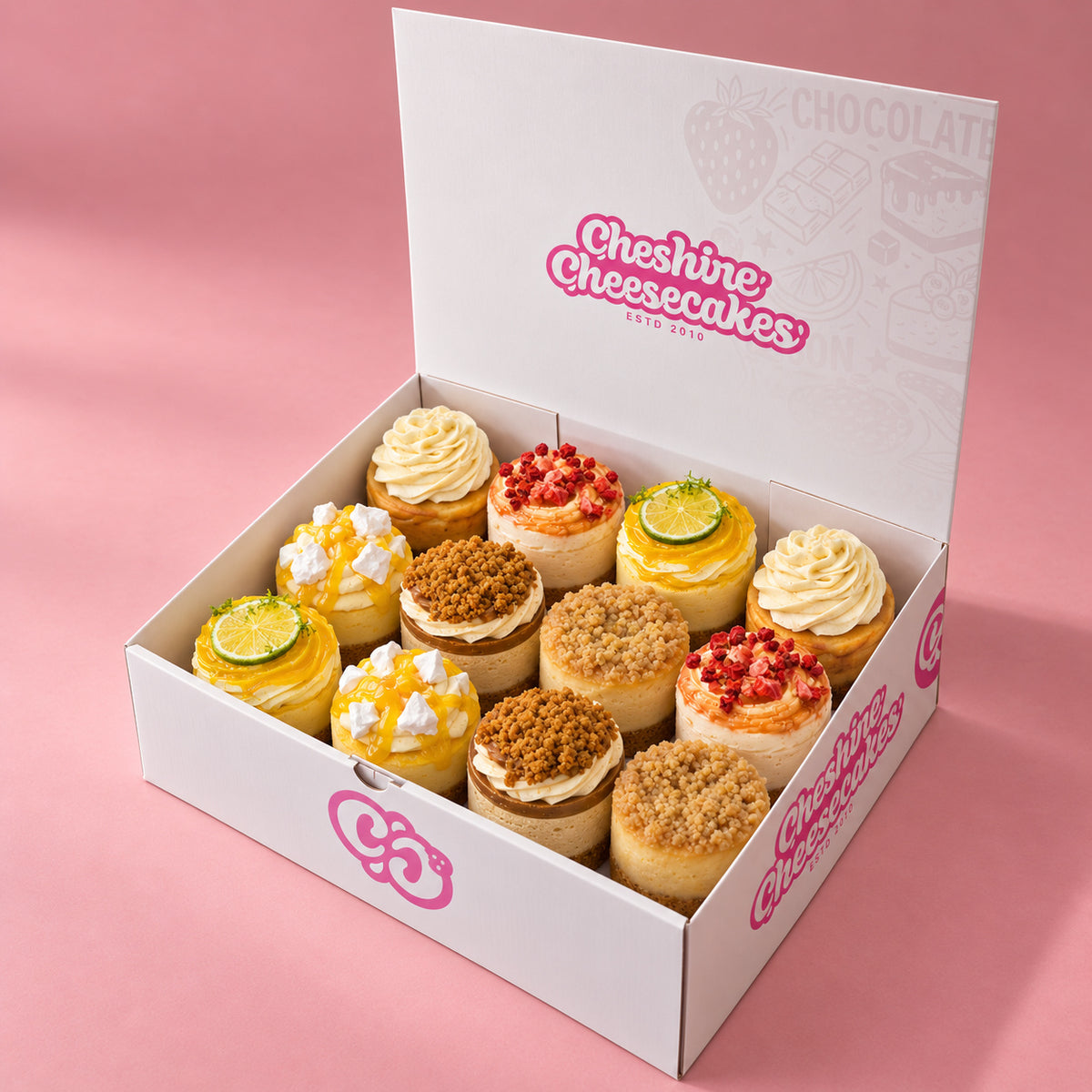 Birthday Cheesecake Box: box of 12 cheesecakes in our branded open box on blush pink