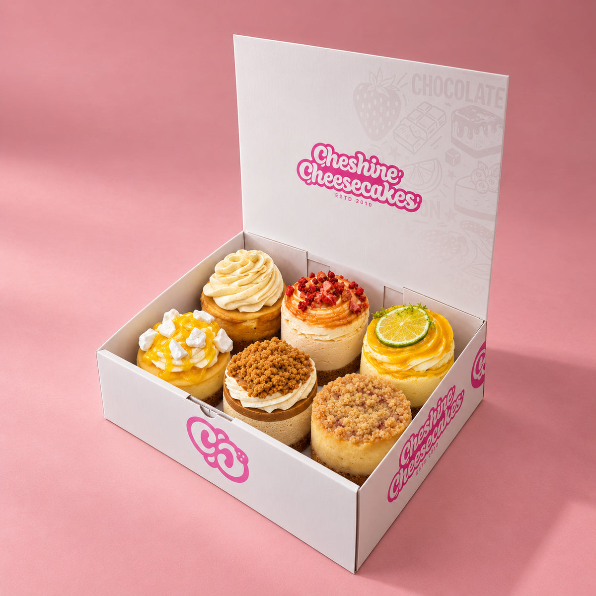 Birthday Cheesecake Box: box of 6 cheesecakes in our branded open box on blush pink