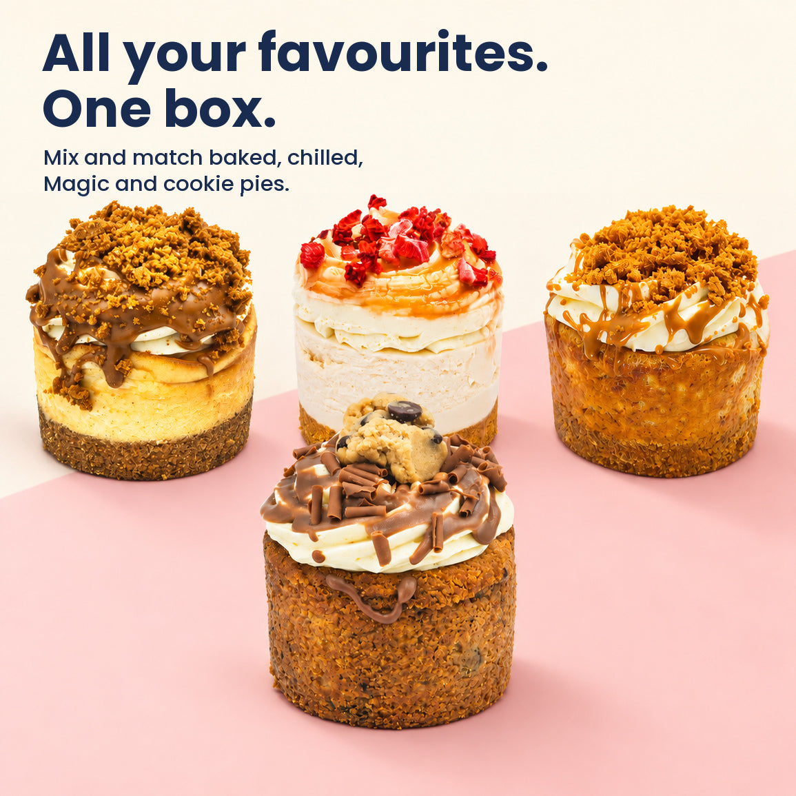 Baked, chilled, Magic and cookie pie cheesecakes: mix and match your favourites in one box