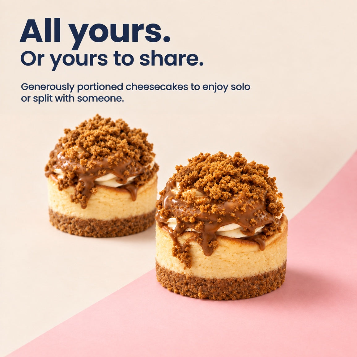 Two generously portioned cheesecakes to enjoy solo or share