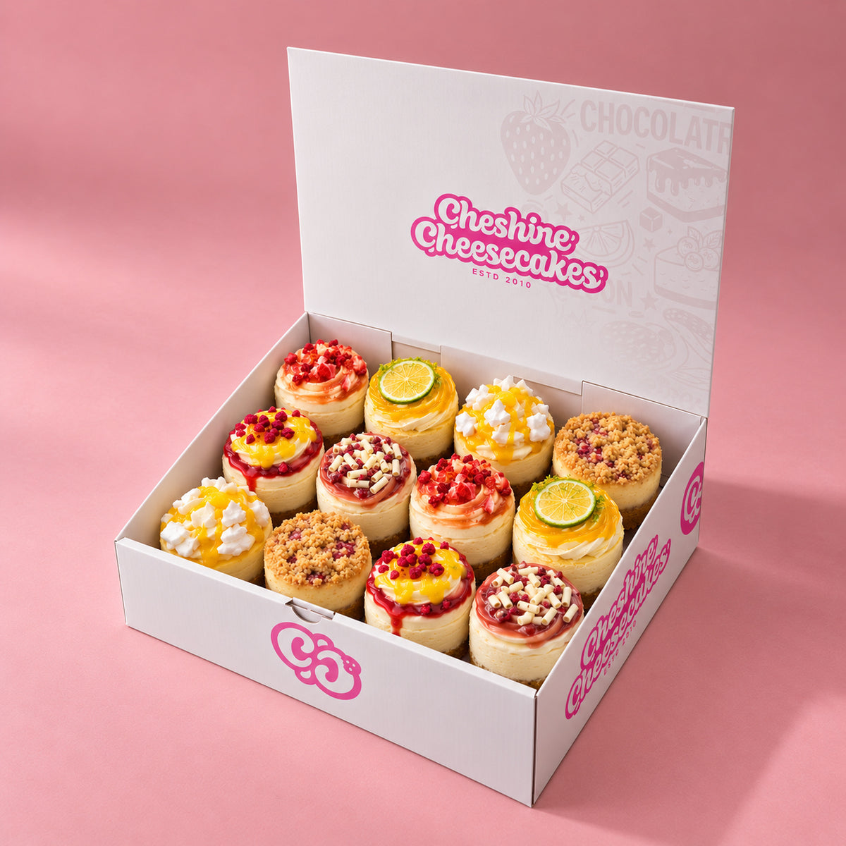 Fruit Lovers Cheesecake Box: box of 12 cheesecakes in our branded open box on blush pink