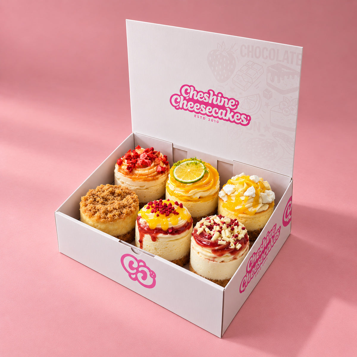 Fruit Lovers Cheesecake Box: box of 6 cheesecakes in our branded open box on blush pink